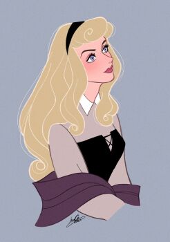1girl animification aurora_(disney) blonde_hair blue_eyes closed_mouth disney disney_princess hairband highres long_hair long_sleeves looking_at_viewer makeup moko_eaka simple_background sleeping_beauty_(disney) smile solo very_long_hair