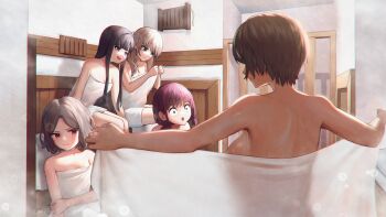 5girls absurdres ahoge awa_subaru backboob black_hair blush breast_awe breast_envy breasts brown_hair chinese_commentary chromatic_aberration cleavage commentary_request constricted_pupils diamond_mouth ebizuka_tomo girls_band_cry grey_eyes grey_hair highres indoors iseri_nina kawaragi_momoka large_breasts long_hair looking_at_breasts low_twintails making-of_available multiple_girls naked_towel parted_bangs purple_eyes red_eyes rupa_(girls_band_cry) sauna short_hair short_twintails sidelocks signature sklt_(swyt8223) small_breasts surprised togenashi_togeari towel twintails wide-eyed