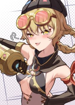 1girl absurdres armpits beanie black_hat blonde_hair blush braid braided_hair_rings breasts cleavage_cutout clothing_cutout detached_sleeves eyewear_on_head fang genshin_impact goggles goggles_on_head hair_rings halftone halftone_background hand_on_own_hip hat highres jahoda_(genshin_impact) looking_at_viewer mattsi_hbkk mechanical_arms no_bra open_mouth pointing pointing_at_self prosthesis prosthetic_arm sideboob single_detached_sleeve single_mechanical_arm skin_fang small_breasts smile solo star-shaped_pupils star_(symbol) symbol-shaped_pupils tinted_eyewear upper_body yellow_eyes
