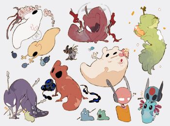 15355451wer 1boy 1girl anger_vein animal_focus artificer_(rain_world) character_request check_character cheek_pull closed_eyes creature five_pebbles full_body gourmand_(rain_world) grey_background highres hunter_(rain_world) iterator_(rain_world) looks_to_the_moon monk_(rain_world) rain_world rivulet_(rain_world) scar scar_on_chest scars_all_over simple_background slugcat solid_circle_eyes spearmaster_(rain_world) tail too_many u_u