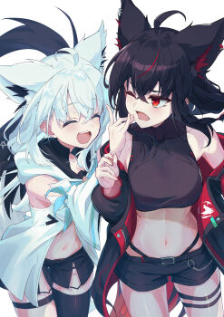 2girls ahoge animal_ear_piercing animal_ears black_hair black_jacket black_ribbon black_shirt black_shorts black_thighhighs blue_neckerchief braid breasts commentary_request cropped_shirt detached_sleeves dual_persona extra_ears fang fox_ears fox_girl fox_shadow_puppet fox_tail front_slit hair_between_eyes hair_ribbon hand_up highleg highleg_panties highres hololive hood hooded_vest hoodie jacket kamkampan kurokami_fubuki long_hair low_ponytail medium_breasts multicolored_hair multiple_girls navel neckerchief off_shoulder open_mouth panties panty_straps pentagram ponytail red_eyes red_jacket red_streaks ribbon shirakami_fubuki shirakami_fubuki_(1st_costume) shirt short_shorts shorts side_braid simple_background single_thighhigh sleeveless sleeveless_shirt smile stomach streaked_hair tail teeth thigh_strap thighhighs two-sided_fabric two-sided_jacket underwear upper_teeth_only vest virtual_youtuber white_background white_hair white_sleeves wide_sleeves