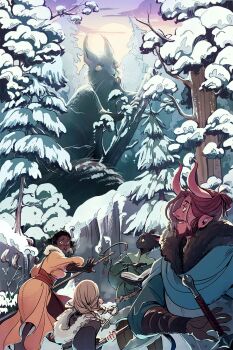 2boys 2girls animal animal_ears axe battle_axe beard black_fur black_hair blonde_hair blue_capelet blue_shirt book braid braided_twintails capelet cat_boy cat_ears cat_tail cloak cloud colored_sclera colored_skin commentary dark_skin drawing_sword dress english_commentary facial_hair facing_away fangs fingerless_gloves forest fur-trimmed_cloak fur-trimmed_hood fur_trim furry furry_male glasses gloves gradient_sky green_robe guest_art hair_bun highres holding holding_axe holding_book holding_staff holding_sword holding_weapon hood looking_back multiple_boys multiple_girls mustache nature open_mouth original outdoors outstretched_hand oversized_animal parted_lips plant_roots profile rabbit red_hair red_sash red_skin ring_hair_ornament robe sash shakujou shirt single_hair_bun sky snow snow_on_tree staff sun sword tail tree uprooted very_dark_skin weapon wicksandwheat yellow_dress yellow_sclera