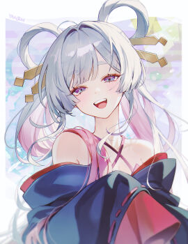 Rule 34 | 1girl, :d, absurdres, artist name, bare shoulders, black kimono, blush, chou kaguya-hime!, colored inner hair, commentary request, hair ornament, hair over shoulder, half-closed eyes, highres, japanese clothes, kimono, long hair, looking at viewer, multicolored hair, multicolored kimono, off shoulder, open mouth, pink hair, purple eyes, red kimono, smile, solo, teeth, two-tone hair, two-tone kimono, upper body, upper teeth only, white hair, yachiyo runami, yanjem