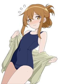 1girl absurdres blue_one-piece_swimsuit blush breasts brown_eyes brown_hair cowboy_shot folded_ponytail highres inazuma_(kancolle) jacket kantai_collection long_hair looking_at_viewer old_school_swimsuit one-piece_swimsuit school_swimsuit smile solo sugapi swimsuit wavy_mouth white_background yellow_jacket