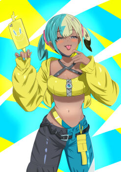 1girl absurdres aqua_hair aqua_nails bandeau belle6_28 belt blonde_hair blue_eyes blush breasts canari_(pokemon) cleavage cowboy_shot crop_top dark-skinned_female dark_skin gen_4_pokemon highres jacket looking_at_viewer mask mask_pull medium_breasts midriff mouth_mask multicolored_hair navel nintendo open_mouth pokemon pokemon_legends:_z-a rotom rotom_phone smile solo split-color_hair stomach tongue tongue_out twintails yellow_bandeau yellow_jacket yellow_nails zipper_pull_tab