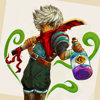 1boy armor bandana bastion belt bottle brown_eyes dark_skin dark-skinned_male dot_heit holding looking_at_viewer machete male_focus ribbon solo sutiko the_kid_(bastion) weapon white_hair