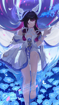 Rule 34 | 1girl, absurdres, bare shoulders, barefoot, black hair, blue flower, chinese commentary, closed eyes, closed mouth, colored inner hair, columbina (genshin impact), commentary request, dress, eyepatch, field, flower, flower field, full body, genshin impact, hair ornament, highres, long hair, multicolored hair, pink hair, sitting, smile, solo, streaked hair, toes, w-baiye, white dress, wing hair ornament