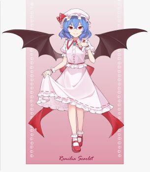 1girl absurdres back_bow bat_wings blue_hair bow brooch character_name closed_mouth commentary fang fang_out frilled_skirt frilled_wrist_cuffs frills full_body gradient_background hat hat_ribbon highres holding_own_skirt jewelry looking_at_viewer mary_janes medium_hair mob_cap pink_hat pink_shirt pink_skirt pointy_ears puffy_short_sleeves puffy_sleeves red_background red_bow red_eyes red_shoes red_wrist_cuffs remilia_scarlet ribbon ribbon-trimmed_skirt ribbon_trim shirt shoes short_sleeves skirt skirt_set smile solo touhou wings wrist_cuffs zheng_(pixiv_101593236)