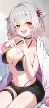 1girl :d belt bikini bikini_bottom_under_shorts bikini_under_clothes black_belt black_bikini black_choker breasts choker cleavage commentary commission cone_hair_bun darjeeling_(reley) demon_girl demon_horns demon_tail double_bun english_commentary four-finger_heart_hands gradient_hair grey_hair hair_bun halterneck heart heart_hands heart_pendant highleg highleg_bikini highres honey_strap horns jacket jacket_partially_removed large_breasts looking_at_viewer multicolored_hair nanashi_inc. navel open_mouth orange_eyes pendant_choker pink_hair pointy_ears short_hair short_shorts shorts sitting skeb_commission smile solo stomach suou_patra swimsuit tail teeth thigh_strap upper_teeth_only virtual_youtuber white_jacket