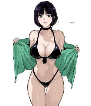 1girl bare_shoulders bikini black_hair bleach braid braided_ponytail breasts choker collarbone female_focus highres jacket kurotsuchi_nemu large_breasts looking_at_viewer navel p_glansk simple_background solo solo_focus standing stomach swimsuit white_background