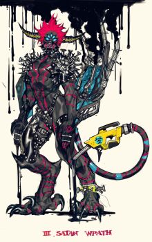 1boy black_panties black_skin blue_eyes claws colored_skin extra_eyes gas_pump_nozzle highres horns male_focus monster nail_(hardware) original panties pigeon666 prehensile_tail red_hair seven_deadly_sins solo spikes standing tail talons underwear