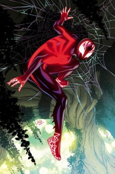 1boy bodysuit comic_cover commentary english_commentary glowing glowing_eyes highres initial looking_at_viewer male_focus marvel matt_wilson official_alternate_costume official_art outdoors peter_parker russell_dauterman silk solo spider-man spider-man_(series) spider_web superhero_costume tree
