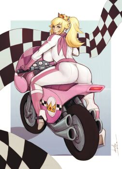 1girl absurdres artist_name ass ass_focus backboob bandana bandana_around_neck biker_peach blonde_hair blue_eyes bodysuit boots breasts crown devilhs earrings gloves high_heel_boots high_heels highres huge_ass huge_breasts jewelry jumpsuit long_hair looking_at_viewer looking_back mario_(series) mario_kart motor_vehicle motorcycle multicolored_boots nintendo official_alternate_costume pink_bandana pink_boots pink_gloves ponytail princess_peach racing_suit signature skin_tight solo sphere_earrings two-tone_boots white_bodysuit white_boots