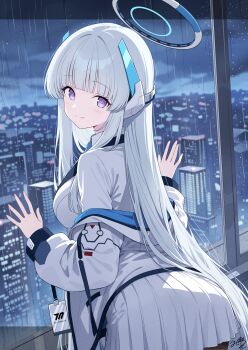 1girl absurdres against_glass ass blue_archive cityscape closed_mouth commentary_request day from_behind glass grey_hair halo highres honyara-san indoors jacket jacket_partially_removed lanyard long_hair long_sleeves looking_at_viewer looking_back mechanical_halo millennium_science_school_logo miniskirt noa_(blue_archive) pleated_skirt purple_eyes shirt signature skirt smile solo straight_hair turning_head very_long_hair water_drop white_background white_shirt white_skirt window