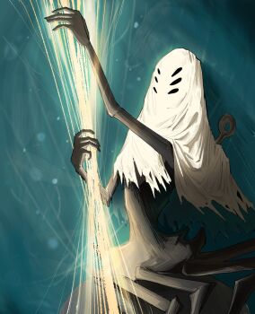 1girl aannyeongh40018 arthropod_girl black_eyes blue_background commentary_request extra_eyes highres hollow_eyes hollow_knight hollow_knight:_silksong pin_(hollow_knight) silk solo string widow_(hollow_knight)