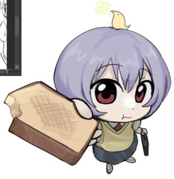 1girl animal animal_on_head ayanami_rei bag bird bird_on_head black_socks blue_hair blue_skirt blush bread bread_slice briefcase brown_vest chibi chibi_only clip_studio_paint commentary english_commentary food food_in_mouth full_body grey_skirt hand_up holding holding_food holding_sandwich lina_rei lowres mouth_hold necktie neon_genesis_evangelion nvi2762 offering_hand on_head red_eyes red_necktie running sandwich school_briefcase school_uniform shirt short_hair short_sleeves simple_background skirt socks solo sweater_vest toast toast_in_mouth tokyo-3_middle_school_uniform user_interface vest white_background white_shirt yellow_sweater_vest