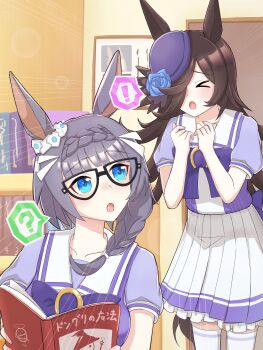 absurdres animal_ears black-framed_eyewear blue_flower blue_hat blue_rose bow braid braided_ponytail crown_braid ear_bow ear_ornament ear_scrunchie flipped_hair flower glasses hair_over_one_eye hat hat_flower highres horse_ears horse_girl horse_tail horseshoe_ornament ollk_imananji3g purple_serafuku purple_shirt rice_shower_(umamusume) rose sailor_collar sailor_shirt school_uniform serafuku shirt tail tilted_headwear tracen_school_uniform umamusume zenno_rob_roy_(umamusume)