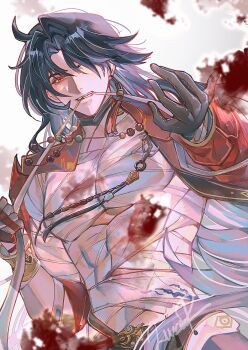 Rule 34 | 1boy, abs, ahoge, bandaged chest, bandaged torso, beads, biting, blade (honkai: star rail), blood, blood on clothes, blue hair, bracelet, commentary, danhenghamilfix, double-parted bangs, earrings, english commentary, gloves, highres, honkai: star rail, honkai (series), jacket, jewelry, long hair, necklace, open clothes, open jacket, pectorals, red eyes, red jacket, single earring, single glove, tassel, toned, toned male, very long hair