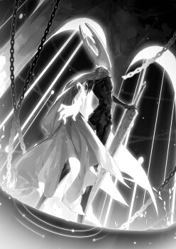 Rule 34 | 1other, absurdres, bamsot, cape, chain, from behind, full body, glowing, greyscale, highres, holding, holding weapon, hollow knight, hollow knight (character), horned mask, horns, mask, monochrome, nail (hollow knight), standing, weapon