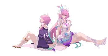 absurdres akemi_ha aqua_hair breasts coat commentary_request cyrene_(aedes_elysiae)_(honkai:_star_rail) cyrene_(honkai:_star_rail) cyrene_(ripples_of_past_reverie)_(honkai:_star_rail) diamond-shaped_pupils diamond_(shape) dress dual_persona flower gradient_hair hair_flower hair_ornament high_heels highres honkai:_star_rail honkai_(series) large_breasts long_hair multicolored_hair pink_hair purple_coat purple_eyes small_breasts smile symbol-shaped_pupils very_long_hair white_dress white_hair