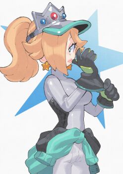 Rule 34 | 1girl, biker clothes, bikesuit, blonde hair, blue eyes, bodysuit, clothes around waist, crown, earrings, gloves, hair over one eye, highres, inkerton-kun, jacket, jacket around waist, jewelry, long bangs, looking at viewer, mario (series), mario kart, mario kart world, nintendo, parted bangs, ponytail, rosalina, rosalina (pro racer), shirt, simple background, solo, star (symbol), star earrings, tight clothes, tight shirt, visor cap, white background