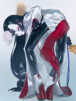 1=2 1girl bell bent_over black_hair bodysuit closed_eyes eyelashes flower full_body gloves hair_flower hair_ornament highres horse_tail japanese_clothes jingle_bell kagura_suzu kimono latex latex_bodysuit lipstick long_hair makeup mascara miko new_year original petals platform_heels red_lips solo tabi tail very_long_hair white_facepaint white_flower white_kimono