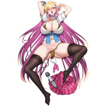 1girl amesuku_gyaru animal_print aqua_scrunchie ass bikini black_thighhighs blonde_hair blue_collar blue_sweater blush boryeon_(last_origin) breasts breath bursting_breasts cleavage clothes_around_waist collar collarbone collared_shirt colored_inner_hair covered_erect_nipples cum cum_on_body cum_on_breasts cum_on_upper_body ear_piercing earrings egg_vibrator eyeshadow female_ejaculation full_body groin_tendon gyaru hair_between_eyes hair_ornament hairclip heart heart-shaped_pupils heart_necklace highres hitachi_magic_wand huge_breasts jewelry kirome_(kamipaper) kogal last_origin leopard_print leopard_print_bikini linea_alba long_hair looking_at_viewer lying makeup micro_bikini miniskirt mole mole_on_breast multicolored_hair nail_polish navel necklace official_alternate_costume official_art on_back open_clothes open_mouth open_skirt piercing pink_nails pink_skirt plaid_clothes plaid_skirt pleated_skirt print_bikini purple_eyes purple_eyeshadow purple_hair purple_scrunchie razor_blade_earrings saliva school_uniform scrunchie see-through_clothes see-through_shirt sex_toy shirt short_sleeves side-tie_bikini_bottom simple_background single_earring skindentation skirt solo spread_legs stomach string_bikini suggestive_fluid sweat sweater sweater_around_waist swimsuit symbol-shaped_pupils tachi-e taut_clothes taut_shirt teeth thick_thighs thighhighs thighs third-party_source tongue tongue_out too_many too_many_sex_toys transparent_background triangle_hair_ornament untied_bikini unworn_skirt very_long_hair vibrator white_shirt wrist_scrunchie