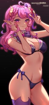 Rule 34 | 1girl, absurdres, ahoge, ass, bow, bra, braid, breasts, cleavage, dark-skinned female, dark skin, demon girl, demon horns, heart, heart ahoge, highres, horns, indie virtual youtuber, ironmouse, long hair, medium breasts, multicolored hair, navel, newmoonshira, pink eyes, pink hair, pointy ears, purple bra, purple hair, purple streaks, single thighhigh, streaked hair, thighhighs, thighs, underwear, v, virtual youtuber