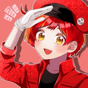 1girl :3 :d ae-3803 ahoge badge black_shirt blush breast_pocket brown_eyes button_badge close-up collarbone commentary drop_shadow gloves hakumamu_(m12_h86) hat hat_ornament hataraku_saibou highres jacket looking_at_viewer newsboy_cap notice_lines one-hour_drawing_challenge open_clothes open_jacket open_mouth outline pink_background pocket portrait red_blood_cell_(hataraku_saibou) red_hat red_jacket salute shirt short_hair simple_background smile solo t-shirt three-quarter_sleeves very_short_hair white_gloves white_outline