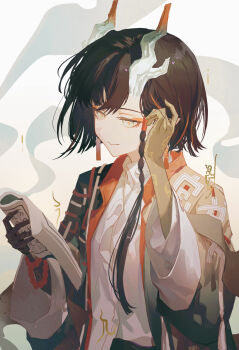 Rule 34 | 1girl, absurdres, arknights, beads, black hair, closed mouth, colored extremities, commentary, earrings, enip o, eyeliner, grey eyes, hand in own hair, haori, highres, holding, horns, japanese clothes, jewelry, jie (arknights), makeup, multicolored hair, open clothes, orange eyeliner, orange hair, reading, shirt, short hair with long locks, smile, solo, streaked hair, upper body, white shirt