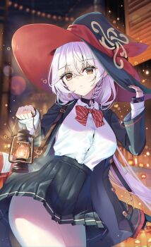 1girl absurdres blue_archive bolt_action bow bowtie breasts brown_halo carcano crossed_bangs diagonal-striped_bow diagonal-striped_bowtie diagonal-striped_clothes eri_(blue_archive) gun halo hand_on_headwear hat highres holding holding_lantern jewelry lantern large_breasts long_hair multiple_rings natie pleated_skirt red_bow red_bowtie red_streaks rifle ring shirt shirt_tucked_in side_halo skirt solo striped_bow striped_bowtie striped_clothes tilted_halo two-sided_fabric two-sided_headwear unbuttoned_jacket weapon white_hair white_shirt wild_hunt_academy_of_arts_logo witch_hat