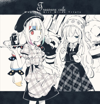 Rule 34 | 2girls, apron, beret, blunt bangs, bow, clipboard, collared shirt, commentary request, copyright name, cup, fork, fuukadia (narcolepsy), hair over one eye, hand up, hat, headscarf, heterochromia, highres, holding, holding clipboard, holding pen, holding tray, jogasaki noah, knife, long hair, long sleeves, looking at viewer, mahou shoujo no majo saiban, multicolored hair, multiple girls, natsume an-an, neck ribbon, official alternate costume, open mouth, partially colored, pen, plaid clothes, plaid skirt, pleated skirt, polka dot, polka dot bow, red eyes, ribbon, shirt, skirt, smile, standing, streaked hair, teacup, tray, treasure cafe, waist apron, waitress