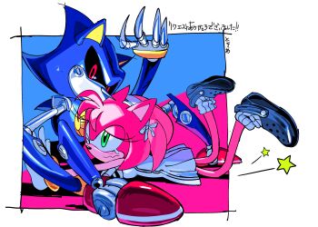 1boy 1girl absurdres alternate_costume amy_rose animal_ears animal_nose black_footwear closed_mouth commentary_request crocs dress full_body furry furry_female green_eyes hairband highres humanoid_robot looking_at_viewer metal_sonic one_eye_closed red_eyes robot simple_background single_tear sitting socks sonic_(series) star_(symbol) tokiwa757 translation_request white_background white_dress white_hairband white_socks