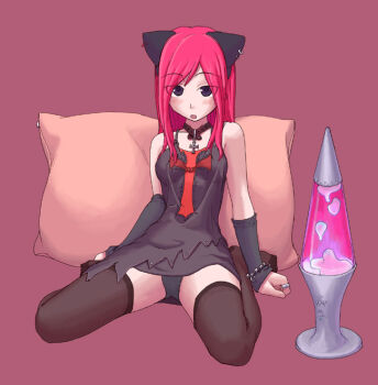 1girl 808 animal_ears arm_support black_dress black_panties black_thighhighs blush cat_ears choker detached_sleeves dress female_focus lava_lamp lavalamp original panties pantyshot pillow red_hair sitting solo thighhighs underwear