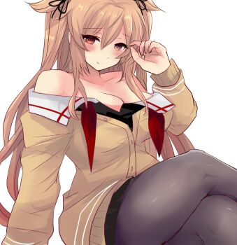 1girl black_serafuku breasts brown_cardigan brown_eyes brown_hair brown_sweater cardigan cleavage commentary_request hair_flaps hair_ornament hair_ribbon highres hirune_(konekonelkk) kantai_collection long_hair murasame_(kancolle) murasame_(saury_festival)_(kancolle) murasame_kai_ni_(kancolle) neckerchief pantyhose red_neckerchief ribbon sailor_collar school_uniform serafuku sitting skirt solo sweater twintails white_background white_sailor_collar