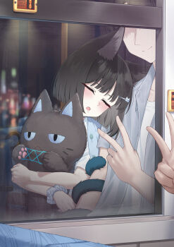 1boy 1girl absurdres animal_ear_fluff animal_ears blue_archive blue_scrunchie cat_ears cat_girl cat_tail closed_eyes closed_mouth faceless faceless_male grey_shirt head_on_another&#039;s_shoulder highres hugging_doll hugging_object kikyou_(blue_archive) open_mouth parted_bangs pizza_(pizzania_company) pov reflection saliva scrunchie sensei_(blue_archive) shirt short_hair sleeping smile stuffed_animal stuffed_toy tail tail_wrap v wrist_scrunchie