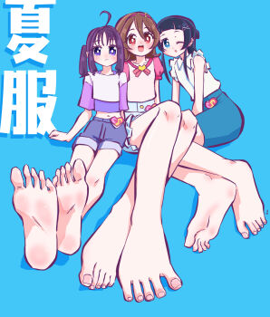 3girls aokaze_nana barefoot black_hair blue_eyes brown_hair dradora feet highres kimi_to_idol_precure light_blush long_hair looking_at_viewer multiple_girls one_eye_closed open_mouth precure purple_eyes purple_hair red_eyes sakura_uta_(precure) shigure_kokoro soles toes twintails wink