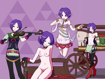 1girl absurdres black_choker black_gloves black_pants blush bow_(music) breasts cart choker commentary cosplay english_commentary foolintisimo gloves great_fairy_(zelda) great_fairy_(zelda)_(cosplay) highres holding holding_bow_(music) holding_instrument holding_violin instrument jewelry looking_at_viewer multiple_views music navel nintendo nipples nude pants parted_lips playing_instrument pointy_ears purple_background purple_hair red_footwear revealing_clothes shirt short_hair sitting small_breasts the_legend_of_zelda the_legend_of_zelda:_tears_of_the_kingdom topless_female triforce undressing violin violynne