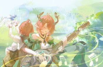 2girls age_comparison bare_shoulders beamed_eighth_notes bird black_choker book breasts chinese_commentary choker ciaccona_(wuthering_waves) closed_eyes commentary_request dual_persona highres instrument long_pointy_ears medium_breasts medium_hair minglu_(gululu) multiple_girls music musical_note open_book open_mouth outdoors playing_instrument pointy_ears red_hair sidelocks singing tacet_mark_(wuthering_waves) tree_horns white_bird wuthering_waves