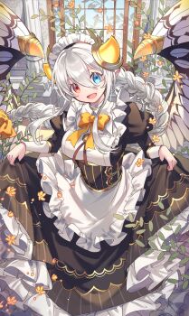 Rule 34 | 1girl, absurdres, blue eyes, braid, breasts, clothes lift, flower, heterochromia, highres, horns, huge breasts, ideal (p&amp;d), kuuron (moesann17), long skirt, maid, maid headdress, open mouth, puzzle &amp; dragons, red eyes, ribbon, single horn, skirt, solo, white hair