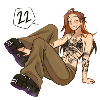 Rule 34 | 1girl, arm tattoo, armpit crease, bikini, black shoes, body freckles, breasts, brown eyes, brown hair, brown pants, chest tattoo, commentary, cross, cross pasties, english commentary, fishnet bikini, freckles, gluca, grin, highres, infusion set, long hair, mole, mole above mouth, mole under mouth, multiple moles, o-ring, o-ring bikini, one eye closed, pants, pasties, real life, see-through bikini, see-through clothes, self-portrait, shoes, shoulder tattoo, signature, sitting, small breasts, smile, solo, stomach tattoo, swimsuit, tattoo
