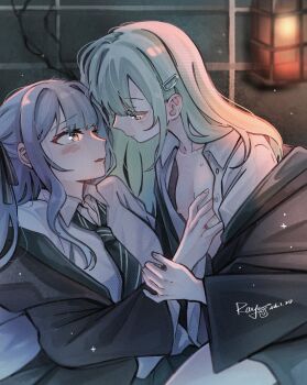 Rule 34 | 2girls, bang dream!, bang dream! it's mygo!!!!!, blue hair, breasts, chinese commentary, commentary request, dated, diagonal-striped clothes, diagonal-striped necktie, dress shirt, green hair, green necktie, hair ornament, hairclip, highres, lantern, long hair, long sleeves, multiple girls, necktie, nipples, open clothes, open mouth, open shirt, shirt, sidelocks, signature, small breasts, striped clothes, togawa sakiko, wakaba mutsumi, white shirt, yellow eyes, yoyoray20001996, yuri