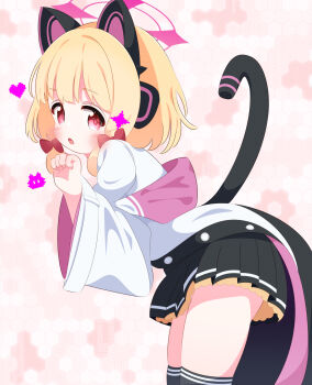 1girl animal animal_ear_headphones animal_ears binary black_skirt black_thighhighs blonde_hair blue_archive blush bow cat cat_ear_headphones cat_ears cat_girl cat_tail fake_animal_ears hair_bow halo headphones heart highres honeycomb_(pattern) honeycomb_background hood hooded_jacket jacket leaning_forward long_sleeves looking_at_viewer momoi_(blue_archive) off-shoulder_jacket off_shoulder open_clothes open_jacket open_mouth paw_pose pink_background r245 raised_eyebrow red_bow red_eyes school_uniform shirt short_hair skirt standing tail teeth thighhighs white_jacket white_shirt wide_sleeves