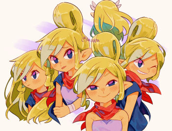 2girls ;d artist_name bandana bandana_around_neck bare_shoulders blonde_hair blue_vest closed_mouth commentary_request grin hair_down highres long_hair looking_at_viewer multiple_girls nintendo no_vest one_eye_closed open_clothes open_mouth open_vest pointy_ears princess_zelda purple_shirt red_bandana shirt smile strapless strapless_shirt tetra the_legend_of_zelda the_legend_of_zelda:_the_wind_waker tokuura toon_zelda twitter_username vest