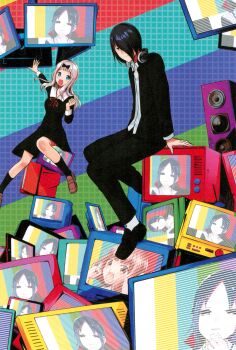 1boy 3girls absurdres akasaka_aka blue_hair blunt_bangs crt fujiwara_chika highres iino_miko ishigami_yuu kaguya-sama_wa_kokurasetai_~tensai-tachi_no_renai_zunousen~ long_hair multiple_girls non-web_source official_art pink_hair school_uniform shinomiya_kaguya shuuchiin_academy_school_uniform winter_uniform