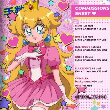 1990s_(style) 1girl adapted_costume blonde_hair breasts brenni_murasaki commentary crown dress earrings elbow_gloves english_commentary gloves highres jewelry long_hair looking_at_viewer mario_(series) nintendo pink_dress princess_peach retro_artstyle smile solo sphere_earrings white_gloves