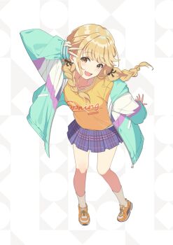1girl blonde_hair braid collarbone commentary_request fang fujita_kotone full_body gakuen_idolmaster green_jacket highres idolmaster jacket kneehighs lemon_tea_(15058751917) long_sleeves looking_at_viewer miniskirt open_clothes open_jacket puffy_long_sleeves puffy_sleeves purple_skirt shirt shoes skin_fang skirt smile socks solo twin_braids v yellow_eyes yellow_shirt yellow_shoes