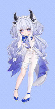 1girl abby_(azur_promilia) absurdres azur_promilia blue_eyes blush chinese_commentary commentary_request dragon_girl dragon_horns dragon_tail dress eastern_dragon_tail elbow_gloves full_body gloves grey_hair high_heels highres horns legs long_hair navel ribbon shoes solo tail thighs twintails two_side_up white_gloves