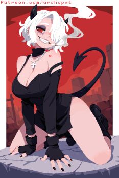 1girl all_fours archapxl artist_name black_boots black_dress black_gloves black_horns black_nails boots breasts cigarette cleavage cross cross_necklace demon demon_girl demon_horns demon_tail dress eyeshadow fingerless_gloves gloves hair_over_one_eye helltaker highres horns jewelry kneeling large_breasts looking_at_viewer makeup necklace piercing pixel_art red_eyes sharp_teeth short_hair smoking tail teeth variant_set watermark web_address white_hair zdrada_(helltaker)