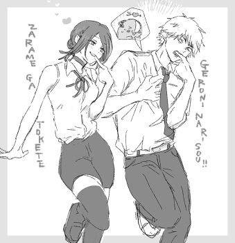 1boy 1girl bare_arms bare_shoulders black_necktie black_pants black_shorts black_thighhighs boots breasts chainsaw_man clutching_chest collarbone commentary_request denji_(chainsaw_man) finger_in_own_mouth grey_boots greyscale hair_bun hand_on_own_chest highres light_blush loafers looking_at_another medium_breasts medium_hair monochrome necktie pants parted_lips pochita_(chainsaw_man) reze_(chainsaw_man) sharp_teeth shirt shoes short_hair shorts sleeveless sleeveless_shirt sleeves_rolled_up smile standing standing_on_one_leg swept_bangs teeth thighhighs updo white_background white_shirt yukichi_(imoko41)